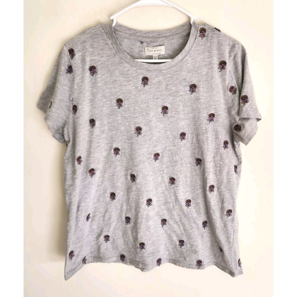 Lucky Brand Short Sleeve Flower Embroidered T-shirt Woman's XL Gray 1198
